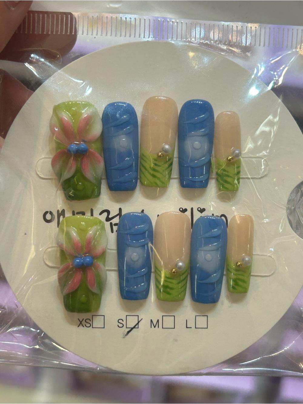 Hand-Painted Floral & Blue Accent Press-On Nail Set size small or large